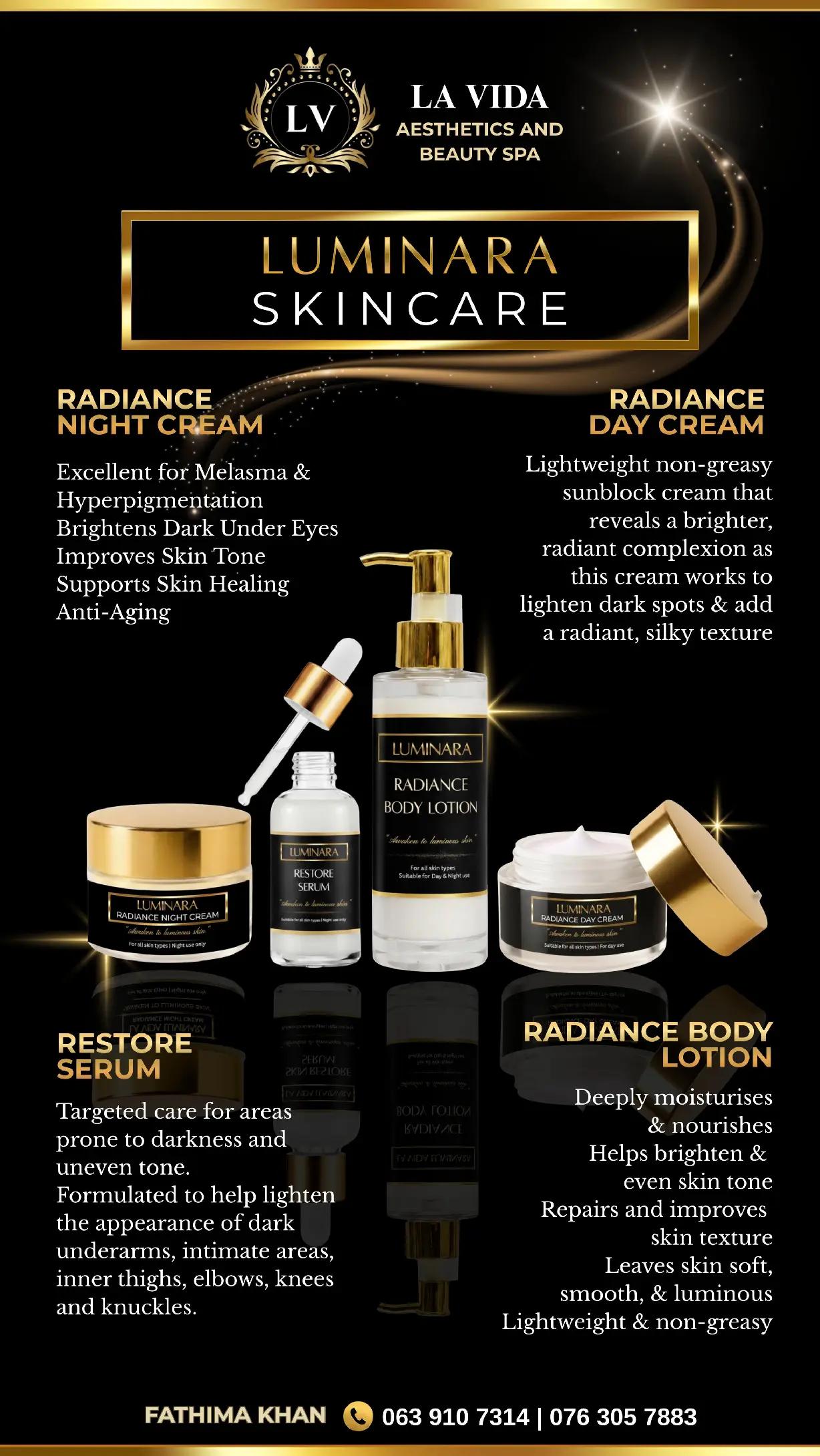Luminara Skincare range — Night Cream, Day Cream, Restore Serum and Body Lotion